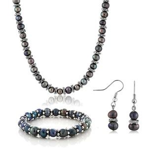 Black Cultured Pearl Necklace Bracelet Earrings